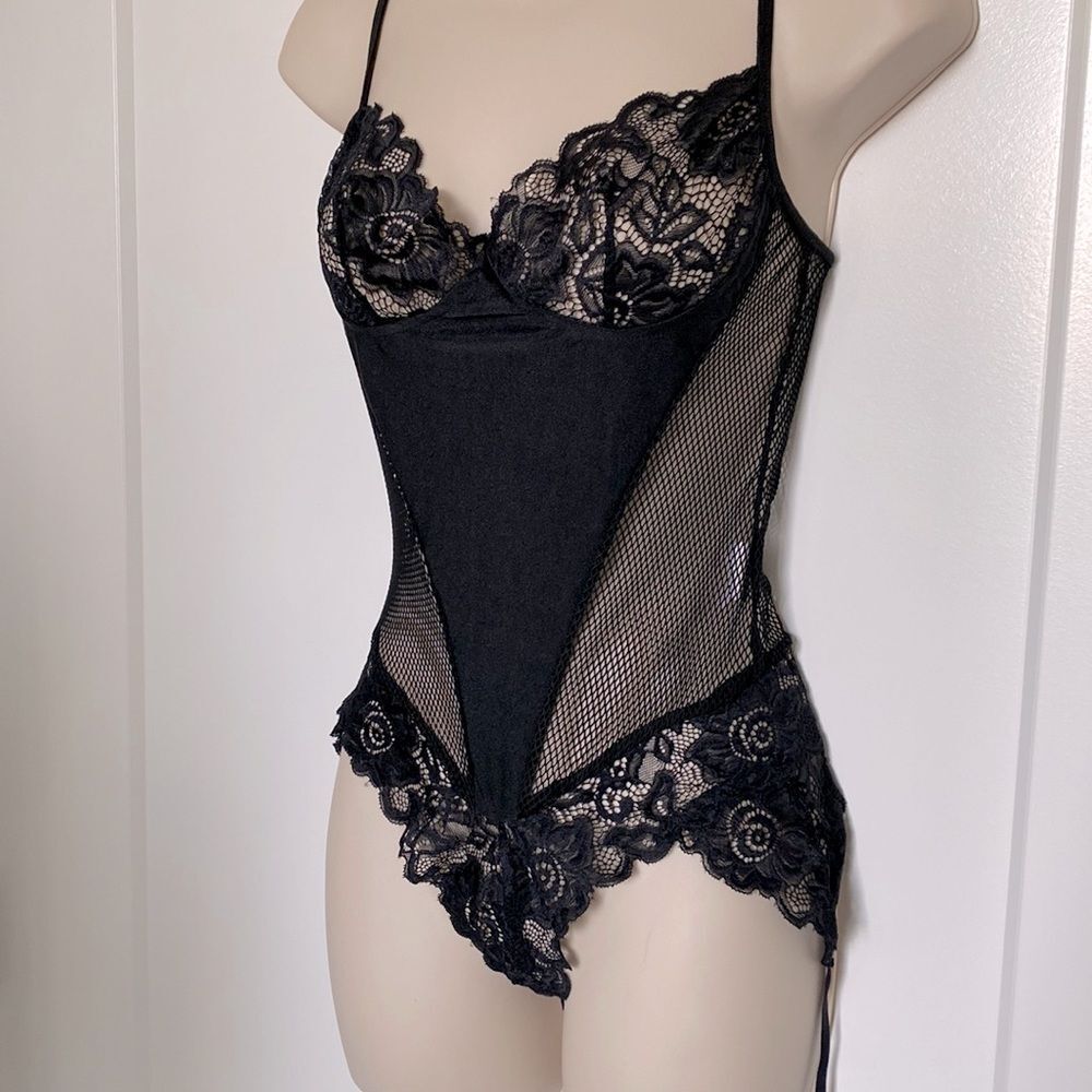 Teddy Black with floral Lace and Mesh. Hosiery Straps for a Sexy Fun Look
